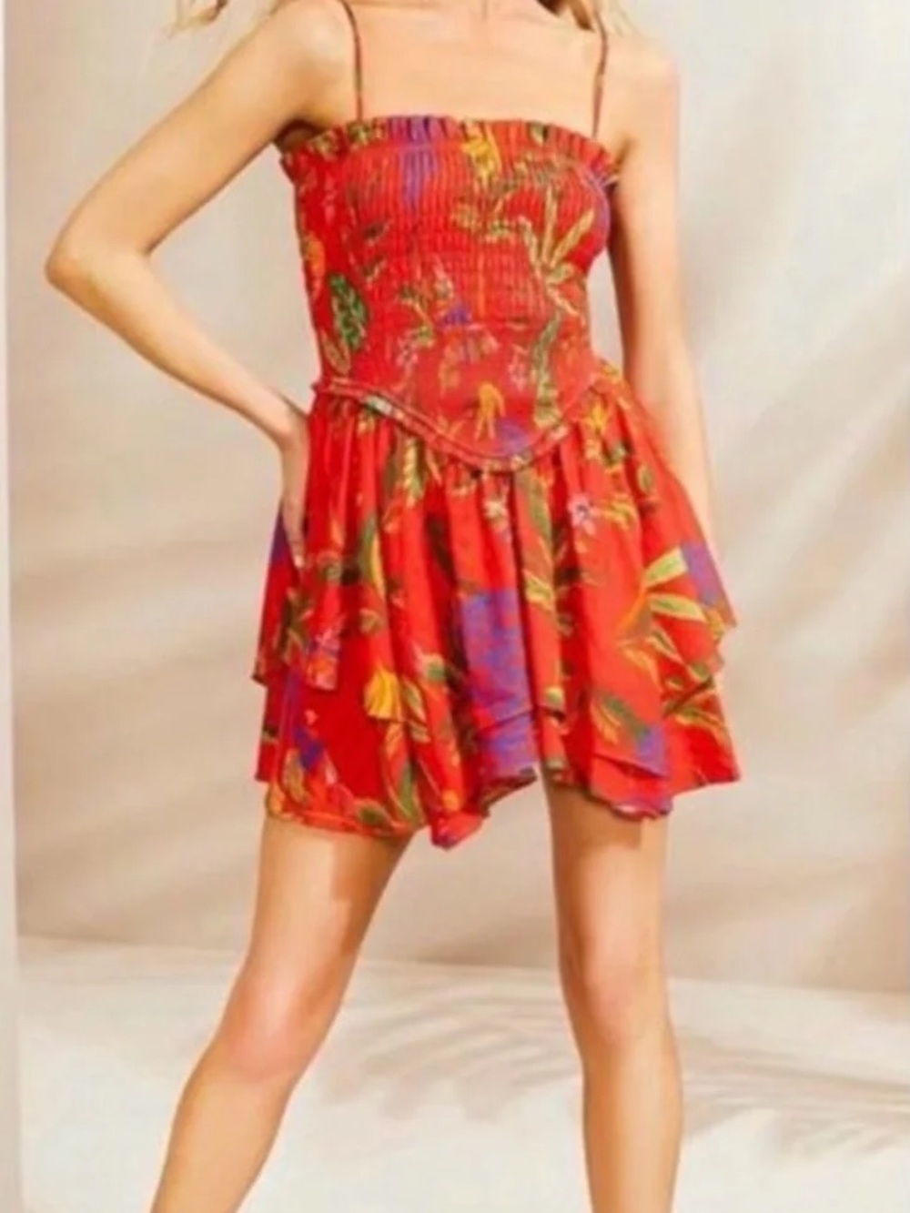 NWT Chelsea & Violet Red Tropical Print Smocked Dress Size L Large